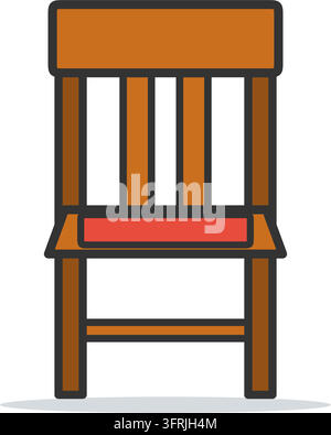 Illustration vectorielle plate d'une chaise de salle à manger en bois avec un coussin rouge et une barre de renfort, isolée sur fond blanc. Icône de salle à manger. Illustration de Vecteur