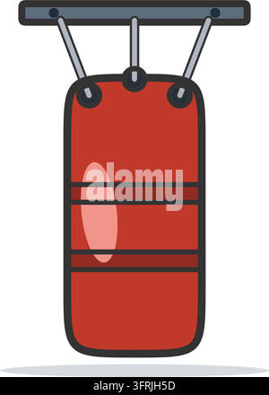 Icône vectorielle plate d'un sac de boxe rouge suspendu à un support en acier par des sangles, avec des bandes de couture autour de son corps cylindrique haut Illustration de Vecteur