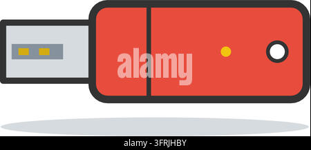 Clé USB rouge avec connecteur USB en métal, lumière LED et trou pour cordon, illustration vectorielle plate isolée sur fond blanc. Illustration de Vecteur
