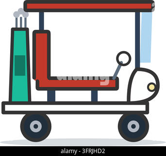 Illustration vectorielle plate d'un chariot de golf avec un toit rouge et un sac de golf à l'arrière, isolé sur fond blanc. Icône de terrain de golf. Illustration de Vecteur