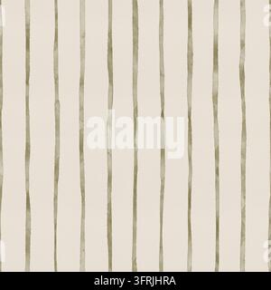 Motif à rayures aquarellées en vert et beige. De fines lignes verticales irrégulières créent une texture abstraite. Utilisation pour la conception de papiers peints et de tissus. Imprimé textile minimaliste adapté aux draps de berceau et aux serviettes. Banque D'Images