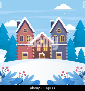 Fond de place hivernale ville maisons enneigées pins vecteur Illustration de Vecteur