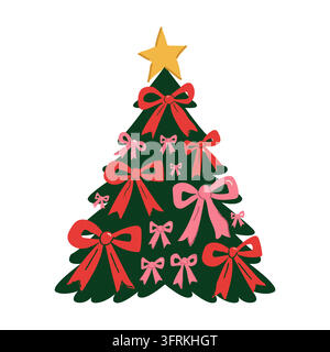 Arbre de Noël dessiné à la main décoré avec des nœuds de ruban et une étoile au sommet, clipart vectoriel. Illustration naïve et flat coquette d'un pin pour les fêtes de fin d'année Illustration de Vecteur
