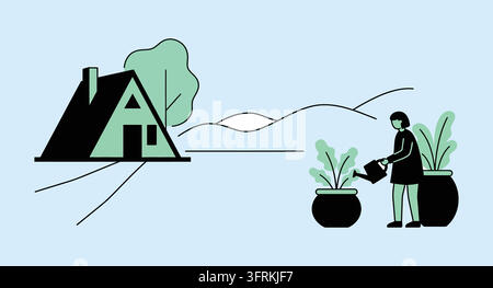 Person arrosant des plantes en pot dans un cadre de jardin rural tranquille avec une canette Illustration de Vecteur