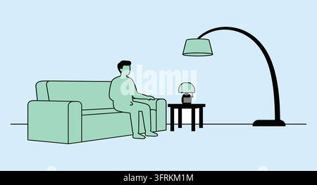 Person assise sur un canapé dans un salon confortable avec un lampadaire Illustration de Vecteur