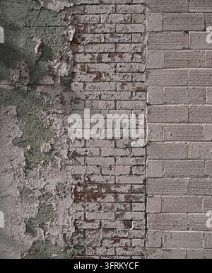 Mur rose pâle érodé avec du béton poreux fissuré, une maçonnerie en briques rouges ébréchées et des blocs de ciment cendre rainurés avec une ombre douce de gauche à droite Banque D'Images
