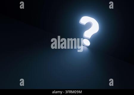 Le symbole de point d'interrogation blanc lumineux projette une lumière brillante dans un vide profond et sombre, éclairant les murs sombres environnants. Parfait pour les concepts de m Banque D'Images