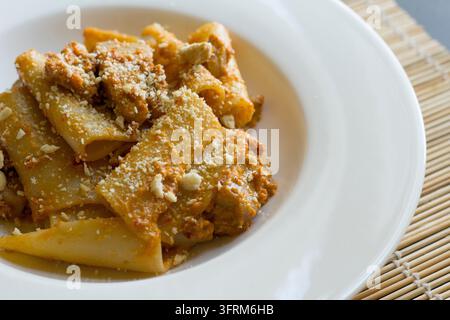 Vue en hauteur de paccheri au thon, pesto de tomates séchées et miettes de tarallo dans un bol blanc, garni de miettes dorées, lumière naturelle douce Banque D'Images