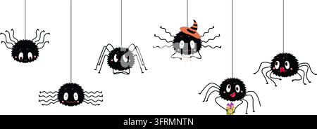 Bannière amusante avec des araignées en dessin animé. Araignée noire suspendue à une corde. Bordure sans couture, élément décoratif pour la décoration intérieure, poster, invitation. Halloween Illustration de Vecteur