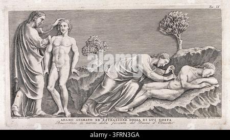 Dieu anime Adam et opère sur sa côte. Gravure de G.B. Leonetti d'après C. Cencioni d'après Nicola Pisano Banque D'Images