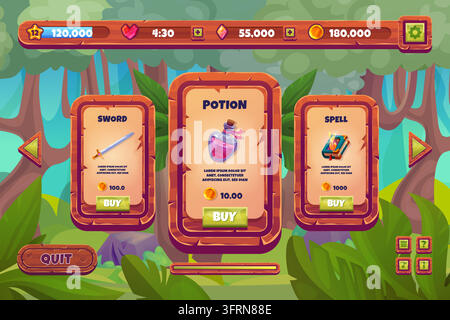 Boutique de jeux forestiers. Interface de magasin d'arcade jungle, interface de jeu vidéo d'aventure mobile décontractée, écran en bois naturel, panneau en bois, cadre de fenêtre, illustration vectorielle de dessin animé RPG fantastique, œuvre originale Illustration de Vecteur