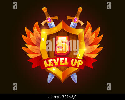 Badge de montée de niveau de jeu. Trophée de vainqueur récompense bouclier en bois icône UI médaille bannière de rang ruban pop victoire complet félicitations bouton d'accomplissement écran mobile illustration vectorielle RPG 2D œuvre originale Illustration de Vecteur