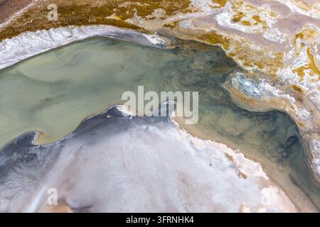 Vue aérienne abstraite des bassins riches en minéraux et des formations de sel évaporées à la Salina d'Aguas Calientes dans le désert d'Atacama, au Chili, créant un naturel Banque D'Images