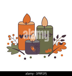Trois bougies décoratives d'Halloween avec une araignée, des citrouilles, des feuilles d'automne et des baies mûres Illustration de Vecteur