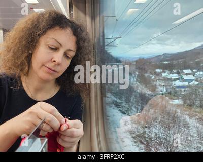 Une femme tricote dans un wagon de train. Le train traverse un paysage enneigé. La femme porte une chemise noire dans le restaurant du train wagon-restaurant connexion de transport ferroviaire au sol Banque D'Images