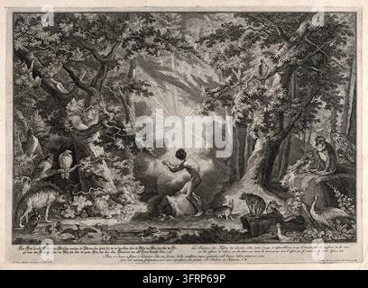 Une lumière éblouissante descend sur Éden lors de la création de l'homme et des animaux. Gravure de J.E. Ridinger d'après lui-même, vers 1750 Banque D'Images