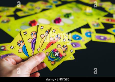 Biélorussie, Bereza – 27 juillet 2024. Jeu de société – Courses de tortues. Un joueur tient un éventail de cartes à jouer dans ses mains, gros plan, sur le fond de Banque D'Images
