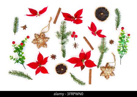 Fleurs de poinsettia rouge vif, branches d'épicéa, biscuit gingersnap en forme de flocon de neige, bâtons de cannelle, anis étoilé, tranches d'orange séchées et baies rouges sur un Banque D'Images