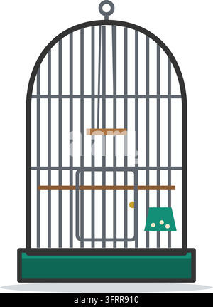 Illustration vectorielle plate d'une cage à oiseaux à dôme vide avec des barreaux fins, un perchoir en bois, une balançoire et une coupelle à graines, isolée sur fond blanc. Illustration de Vecteur