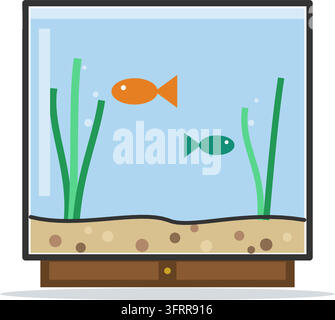 Illustration vectorielle plate d'un aquarium domestique en verre avec lit de gravier, plantes vertes et deux poissons sur une armoire en bois, isolé sur fond blanc. Illustration de Vecteur
