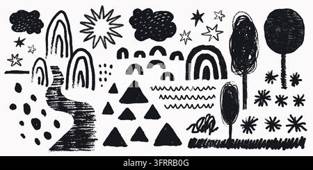 Texture de craie avec formes arc-en-ciel. Des marques d'étoile, de nuage et de triangle s'associent à des arbres dessinés à la main pour des designs pour enfants Illustration de Vecteur