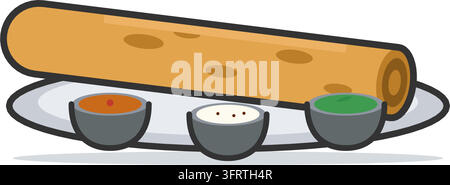 Illustration vectorielle plate d'un crêpe masala doré sur une assiette en acier avec des bols de sambar et de chutney, isolé sur fond blanc. Illustration de Vecteur
