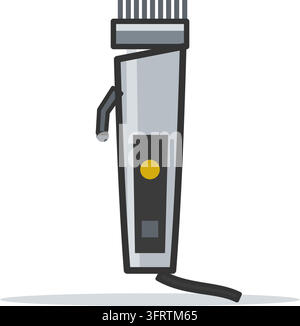 Illustration vectorielle plate d'une tondeuse à cheveux électrique avec une tête de lame en acier, un corps métallique conique et un câble d'alimentation, isolée sur fond blanc. Illustration de Vecteur