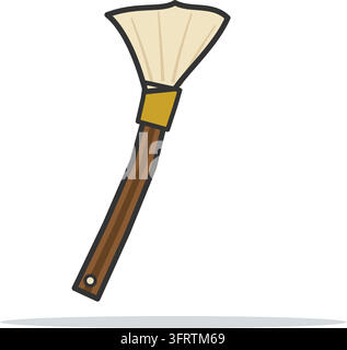 Illustration vectorielle plate d'une brosse à poussière pour le cou de barbier avec manche en bois, virole en laiton et longues poils doux, isolée sur fond blanc. Illustration de Vecteur