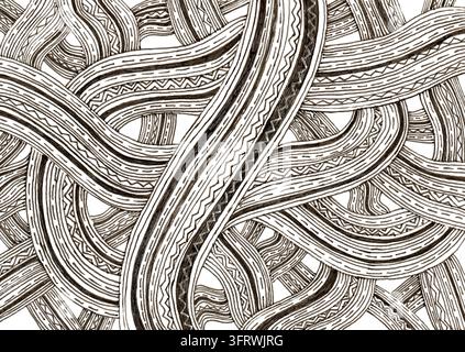 La scène montre de nombreuses lignes s'entrelaçant dans un dessin complexe. Ces lignes varient en épaisseur et en motif, créant un flux visuel. Le dessin est fait en noir et blanc, sans couleur. Banque D'Images