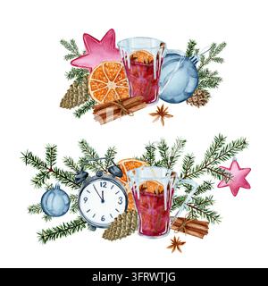 Bâtons de cannelle et tranche d'orange avec un verre de vin chaud sur une branche de sapin avec ornements, composition de Noël. Deux illustrations aquarellées de festiv Banque D'Images