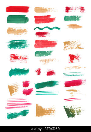 Ensemble de coups de pinceau rouge, vert et pêche peints à la main, isolés sur fond blanc. Illustration de Vecteur