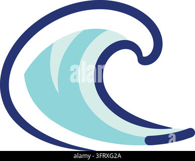 Illustration plate d'une grande vague bouclée contournée en bleu marine foncé avec des sections intérieures superposées en aqua et bleu pâle Illustration de Vecteur