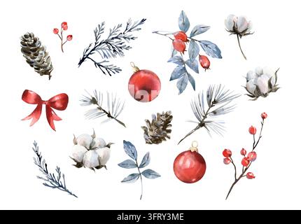 Ensemble d'illustrations de Noël aquarellées avec des branches de pin, des feuilles, des cônes, du coton, des baies, des boules Banque D'Images