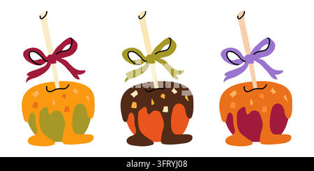 Ensemble vectoriel dessiné à la main de pommes caramélisées et au chocolat pour la conception de menus de foires d'automne Illustration de Vecteur