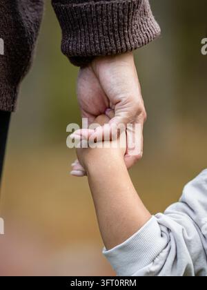 Gros plan d'un adulte tenant la main d'un enfant en plein air, symbolisant la confiance, la protection, les liens familiaux, les soins et la connexion émotionnelle. Banque D'Images