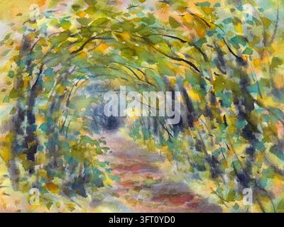 Rays de soleil dans une forêt d'automne fond aquarelle abstrait Banque D'Images