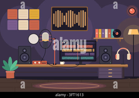 Bureau de studio d'enregistrement domestique illustré avec microphone, moniteurs de studio, interface audio, écran de forme d'onde et panneaux acoustiques. Illustration de Vecteur