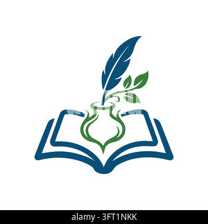 Logo professionnel moderne d'une plume bleue en écriture avec encre et livre d'éducation Illustration de Vecteur
