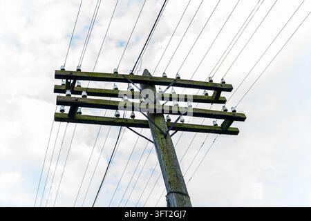 Ancien poteau utilitaire en bois avec plusieurs croiseurs, isolateurs en céramique et lignes électriques contre un ciel nuageux. Banque D'Images