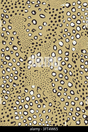 Motif abstrait sans couture imprimé animal. Points irréguliers dessinés à la main et taches de léopard stylisées en noir et blanc sur un fond kaki brun. Illustration de Vecteur