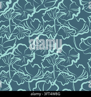 Motif abstrait botanique sans couture en art linéaire. Motifs élégants de feuilles de lotus et de fleurs dessinés à la main en traits de pinceau fluides vert aqua clair Illustration de Vecteur