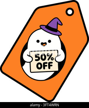 Fantôme mignon tenant une étiquette de réduction de 50 % pour Halloween isolé sur fond transparent Illustration de Vecteur