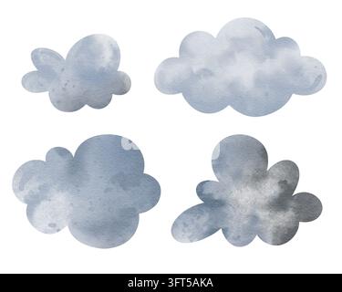 Ensemble d'aquarelles peintes à la main représentant des nuages orageux dans des tons gris doux et gris bleutés avec une texture d'aquarelle, isolés sur fond blanc, météo Banque D'Images