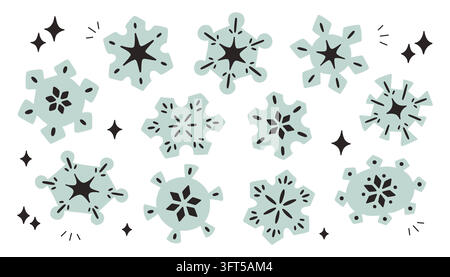 Collection de vecteurs de flocons de neige d'hiver mignons en bleu menthe doux et tons sombres, avec une esthétique folklorique scandinave naïve. Parfait pour les fêtes Illustration de Vecteur