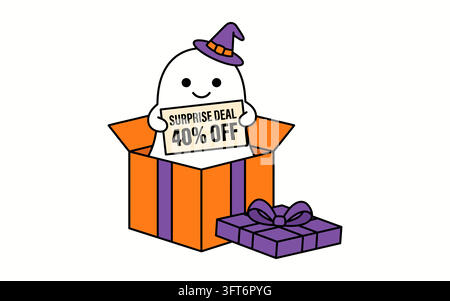 Fantôme mignon avec offre surprise de 40 pour cent de réduction en boîte cadeau isolée sur fond transparent Illustration de Vecteur