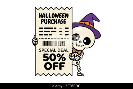 Squelette amusant tenant un panneau de soldes de reçu d'achat d'Halloween isolé sur fond transparent Illustration de Vecteur