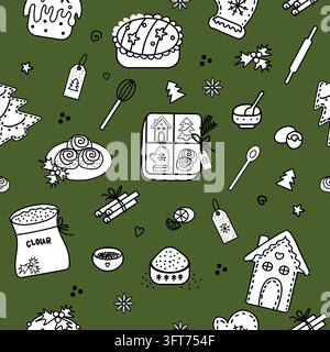 Motif sans couture de Noël avec des éléments de pâtisserie en gribouillis noir et blanc sur un fond vert Illustration de Vecteur