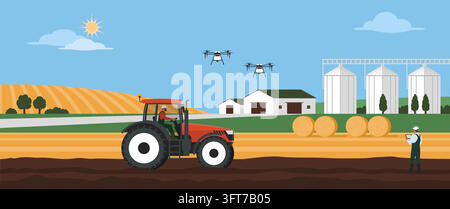 Agriculture et élevage modernes, technologies innovantes : des agriculteurs conduisant un tracteur et contrôlant des drones Illustration de Vecteur