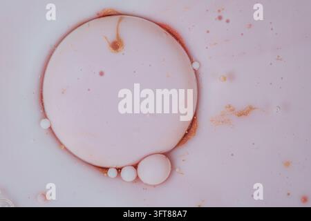 Composition d'art fluide montrant une grande bulle rose entourée de petites bulles blanches et dorées, créant une texture liquide douce Banque D'Images