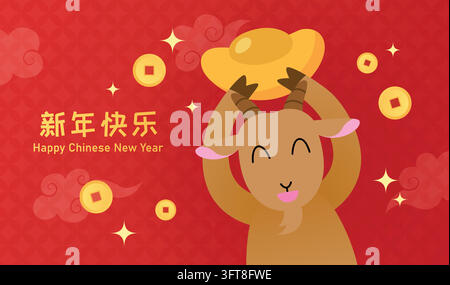 Mascotte drôle du zodiaque en forme de chèvre avec lingot d'or et pièces de monnaie. Traduction du texte chinois : "Bonne Année". Illustration de Vecteur